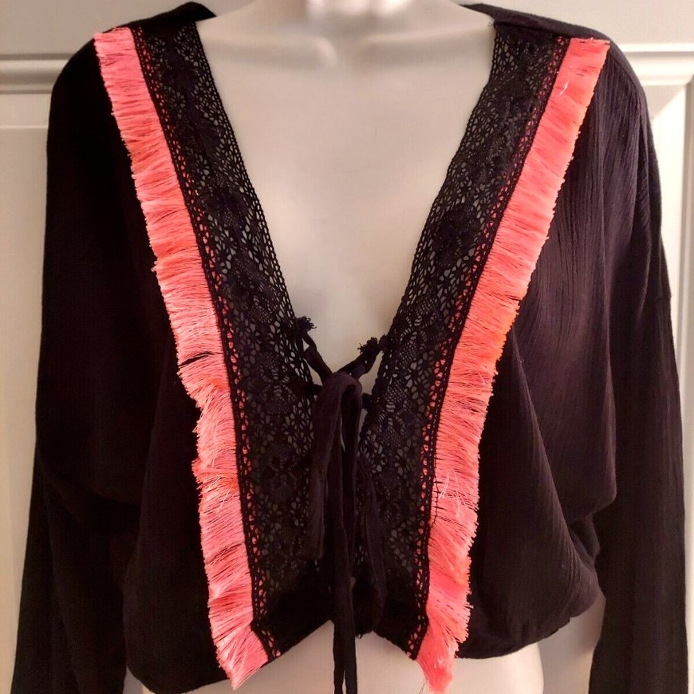 ASOS Black Long Sleeve Low Cut Crop Top with Pink Fringe Trim & Tassel Top